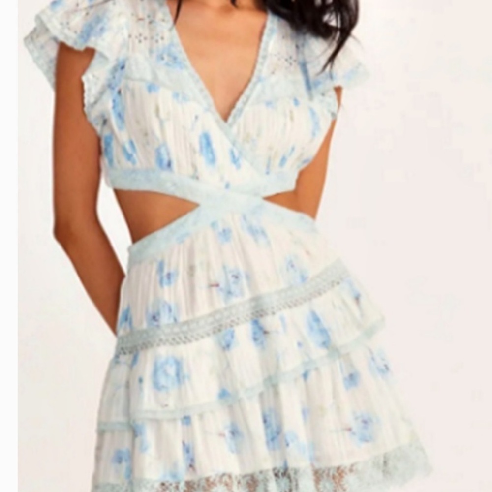 LoveShackFancy Light Blue Floral Ruffle Cutout Mini Dress - Picture 2 of 9